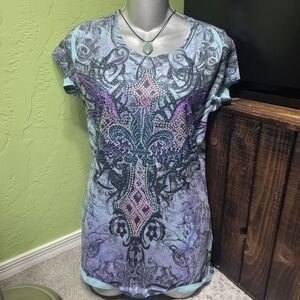 Beautiful Rouge tribal style rhinestone studded cross t-shirt Large